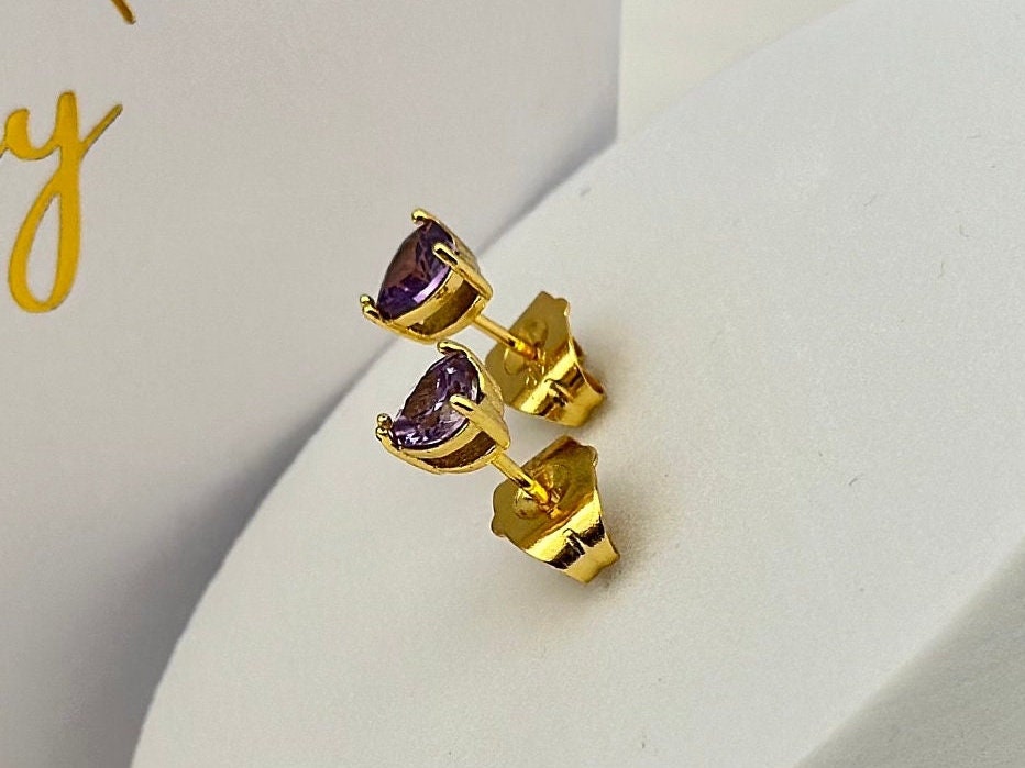 Minimalist Tiny Gold Stud Earrings, 18k Gold Dainty Purple Stud Earrings Hypoallergenic Heart Earrings for Babies Girls Women Men Earrings - 2nd Image