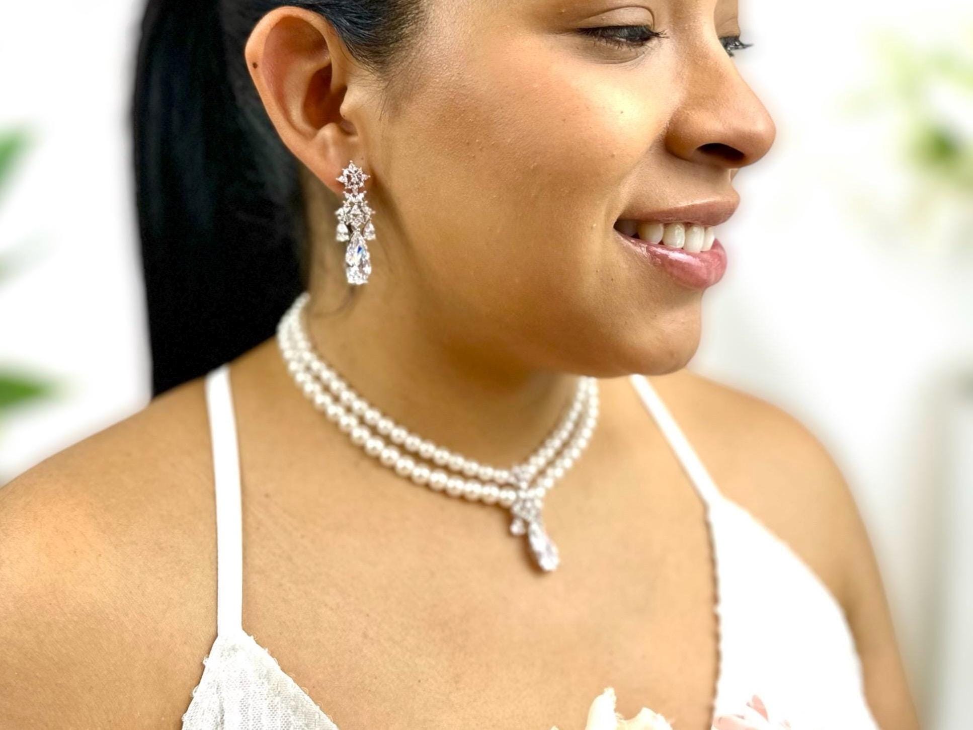 Gorgeous White Pearl Bridal Jewelry Set Silver Necklace and Earring Set for Brides Platinum Plated Necklace Wedding Jewelry Set Gift for Her