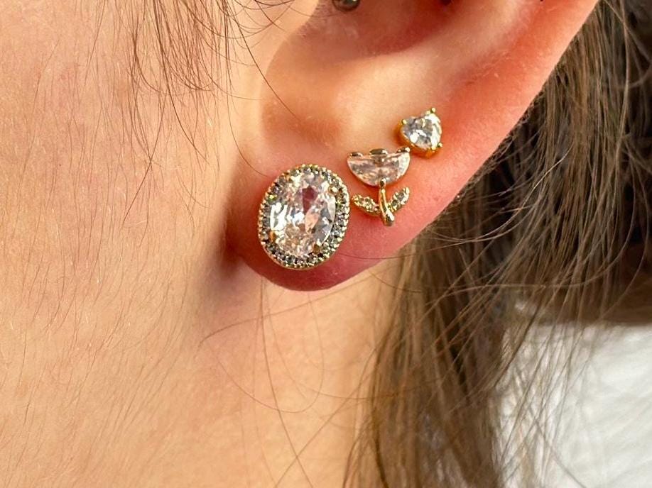 Gold Filled Oval Stud Earring with CZ Diamond for Teen, Minimalist Earring for Men, Women, Jewelry Gift for Goddaughter, Gift for Girlfriend - 2nd Image