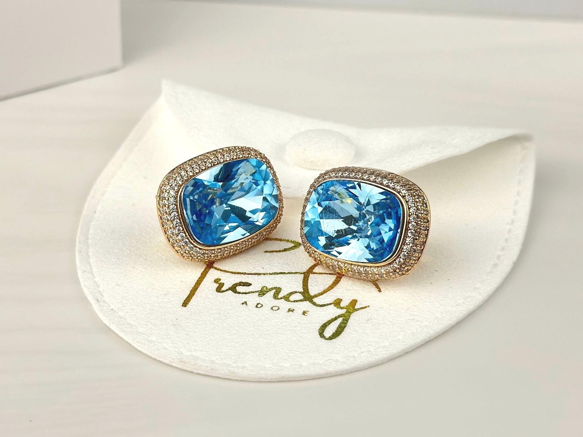 Elegant Blue Statement Earrings for Women Ladies Omega Back Gold Earrings CZ Oval Earrings Gold Earrings Perfect Jewelry gift for Her - 2nd Image