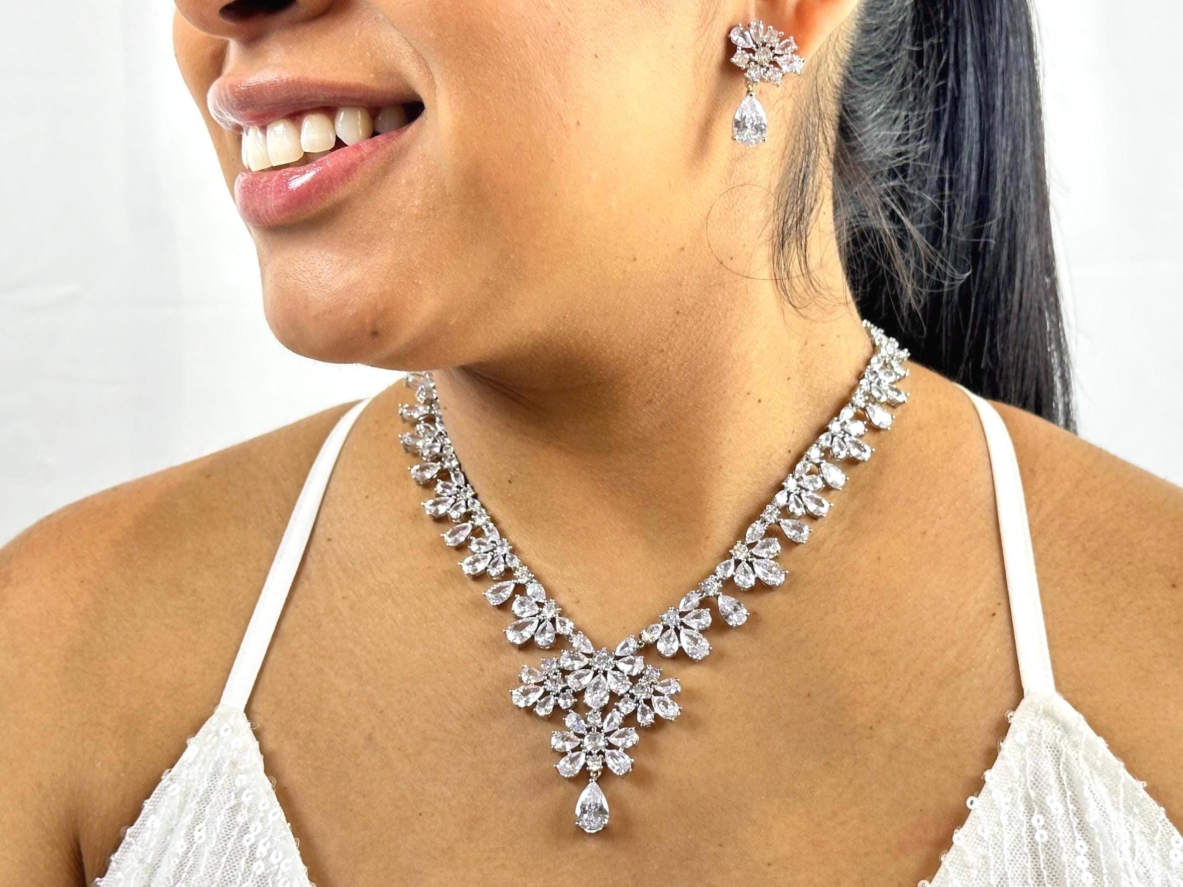 Elegant Bridal Jewelry Set Silver Necklace Earring Set for Bride Platinum Plated Leaf Petal Statement Necklace Wedding Jewelry Gift for Her - 2nd Image