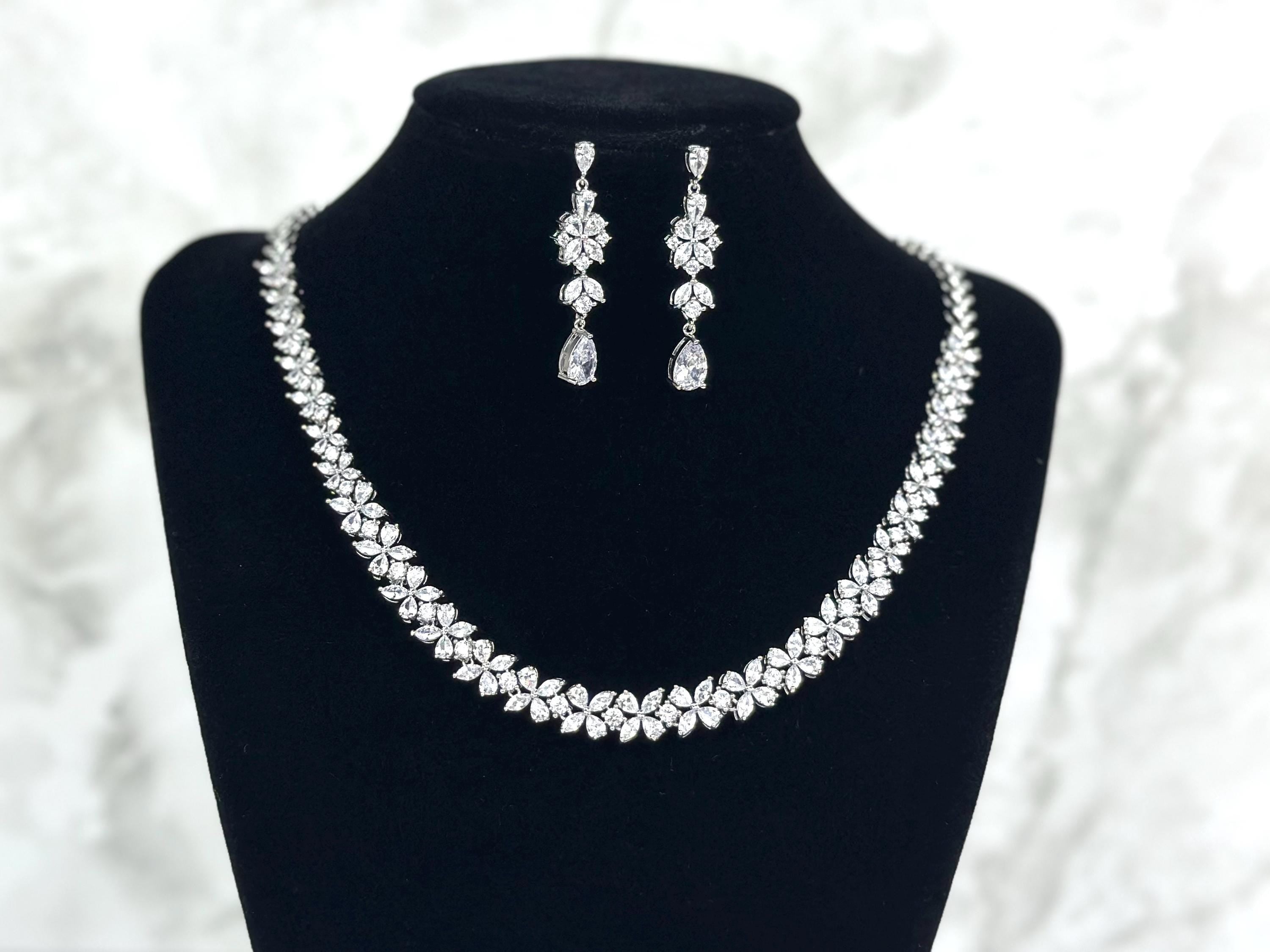 Elegant Bridal Jewelry Set Silver Necklace and Earring Set for Brides Platinum Plated Minimalist Necklace Wedding Jewelry Set Gift for Her