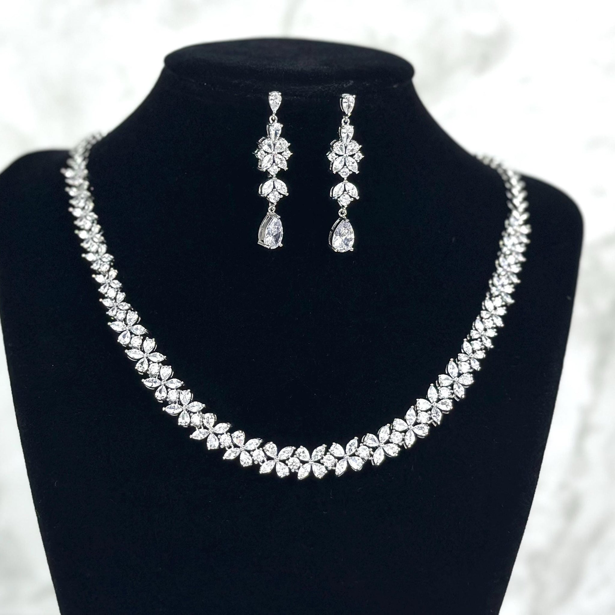 Elegant Bridal Jewelry Set Silver Necklace and Earring Set for Brides Platinum Plated Minimalist Necklace Wedding Jewelry Set Gift for Her