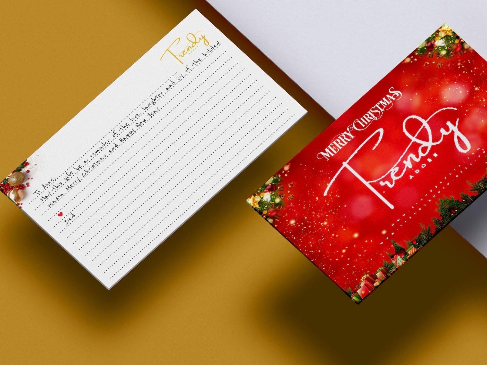 Christmas themed message card in red green an gold that can be used to hand write a personalized message to the gift recipient