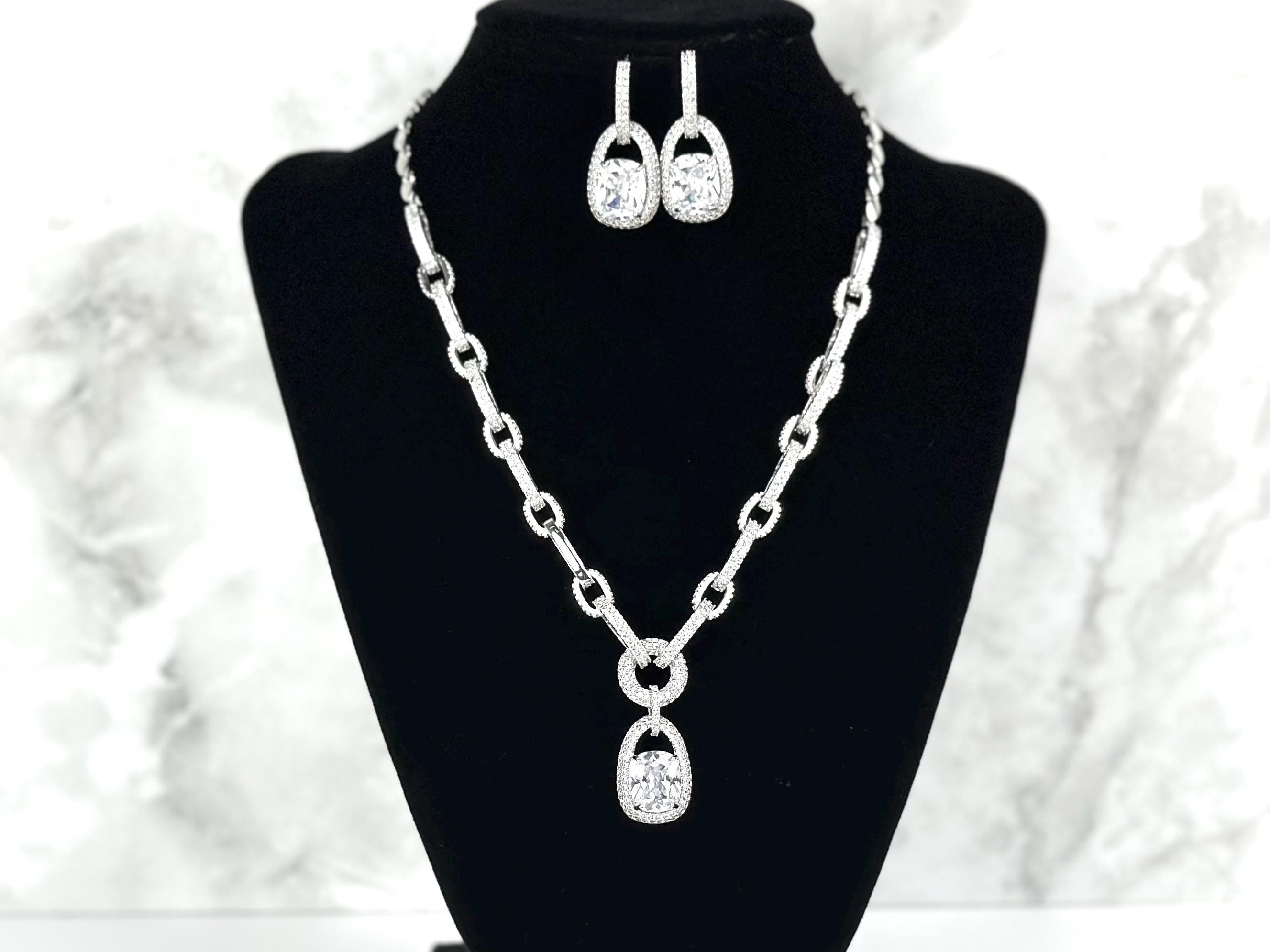 Trendy Bridal Jewelry Set Silver Necklace and Earring Set for Brides Platinum Plated Graduated Link Chain Necklace Wedding Jewelry Set Gift - 2nd Image