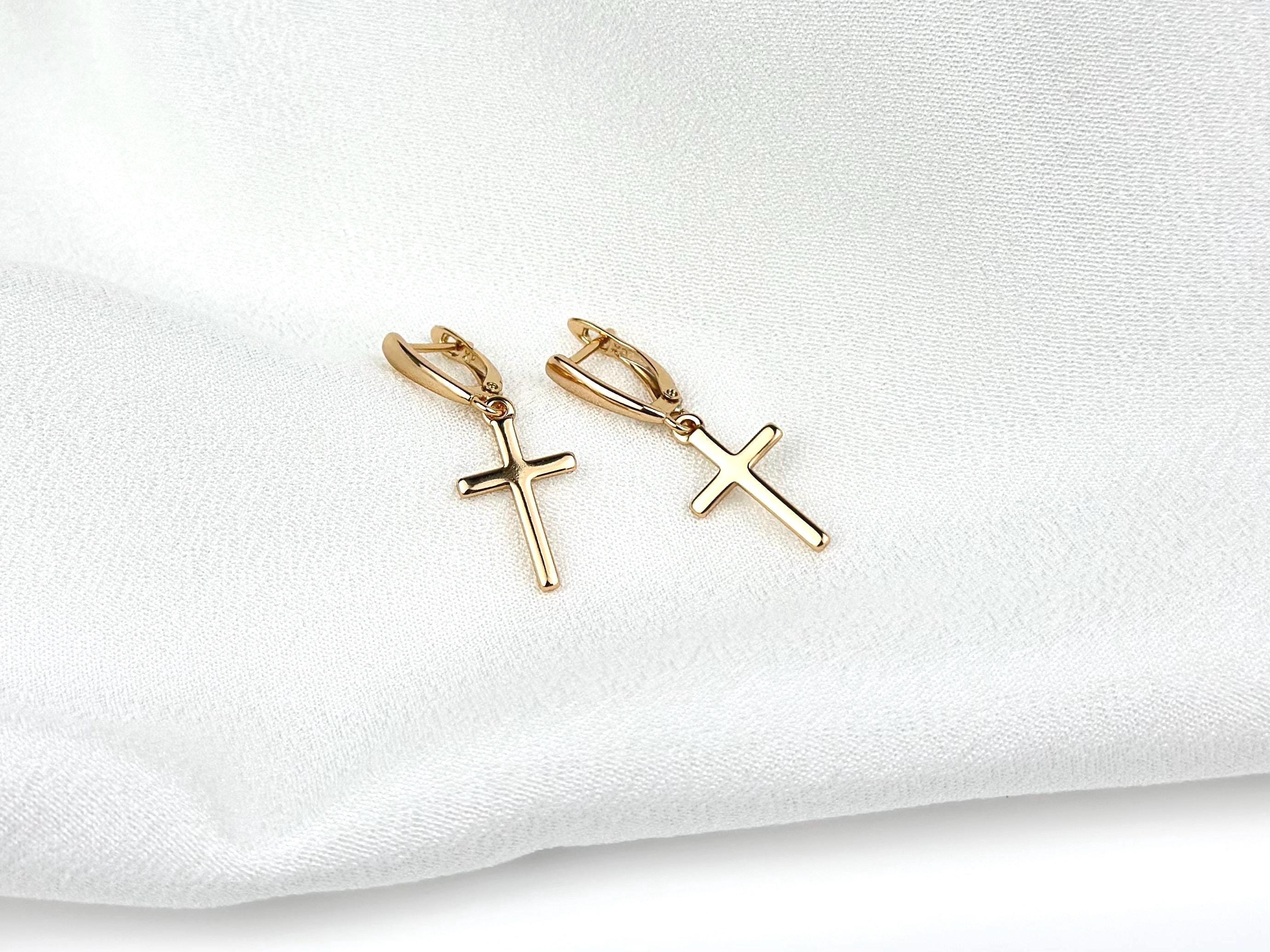 Gold Filled Dangle Earring with Cross Charm For Sensitive Ear, Personalized Message Jewelry Gift for Him & Her. Celestial Nontarnish Earring - 2nd Image