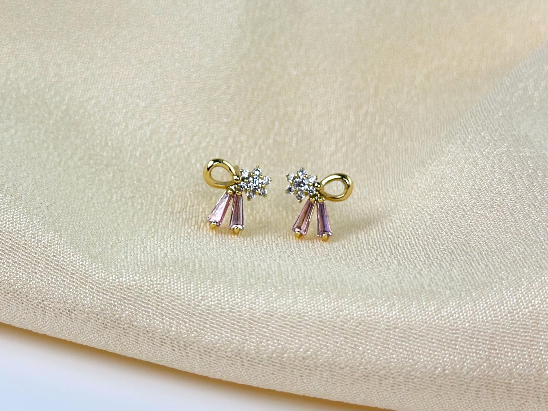 Tiny Pink Bow Earrings, Gold Filled Earrings, Cute Earrings for Sensitive Ear, Minimalist Earrings for Teen Girls Women Jewelry Gift for Her