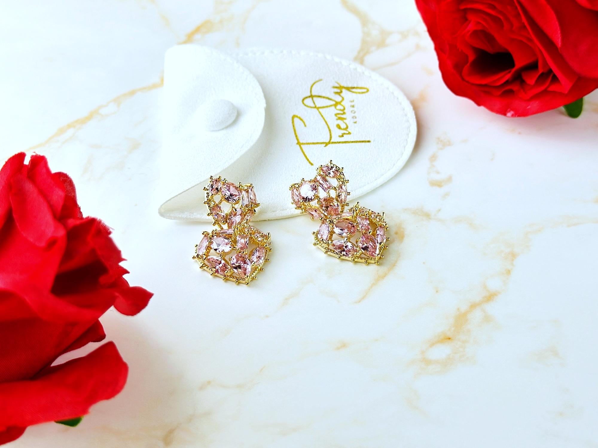 Elegant Pink Heart Statement Earring for Women, Sparkling Earring, Perfect Jewelry gift for Her, Christmas Valentine Gift, Personalized Gift - 2nd Image