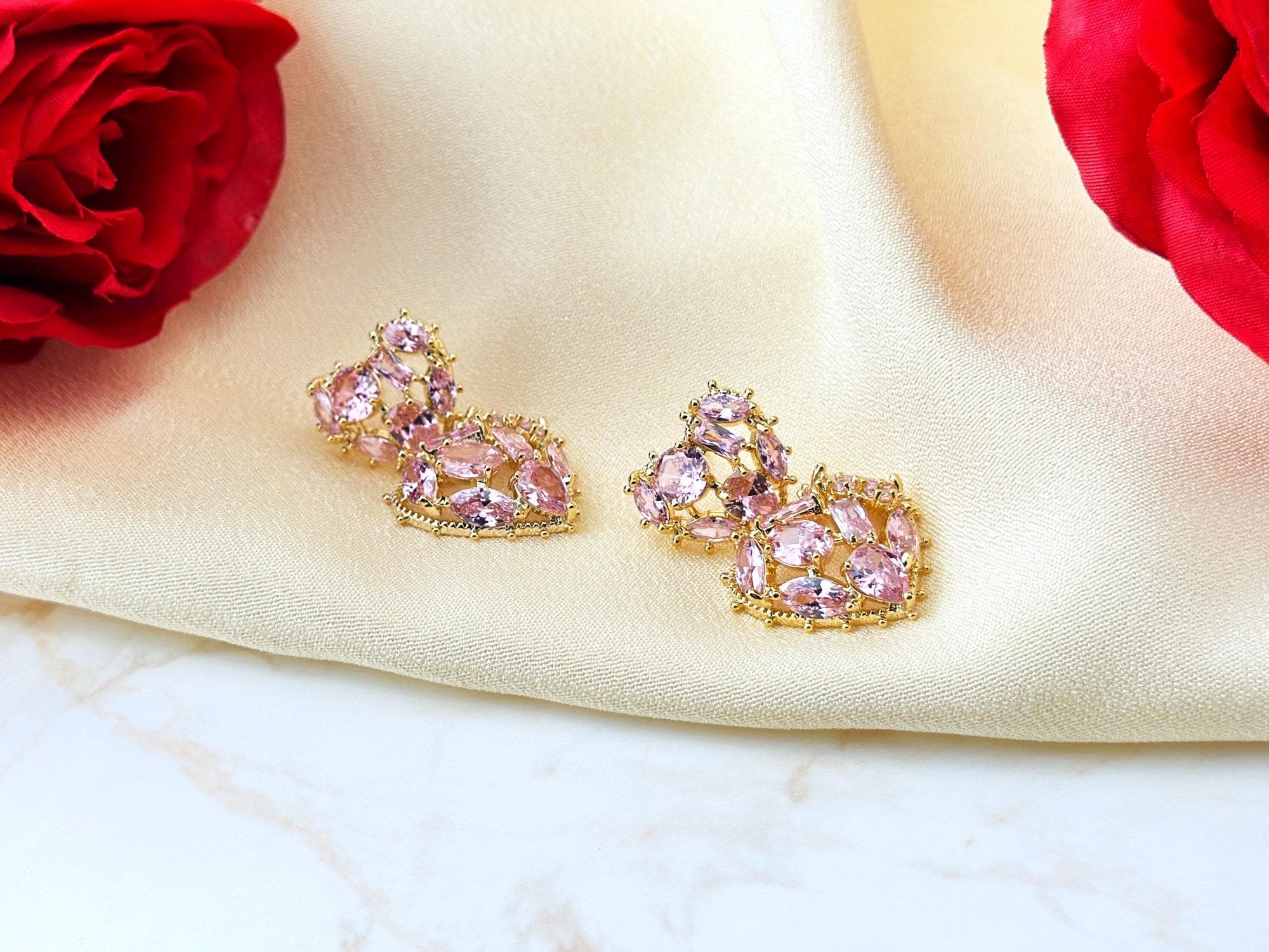 Elegant Pink Heart Statement Earring for Women, Sparkling Earring, Perfect Jewelry gift for Her, Christmas Valentine Gift, Personalized Gift